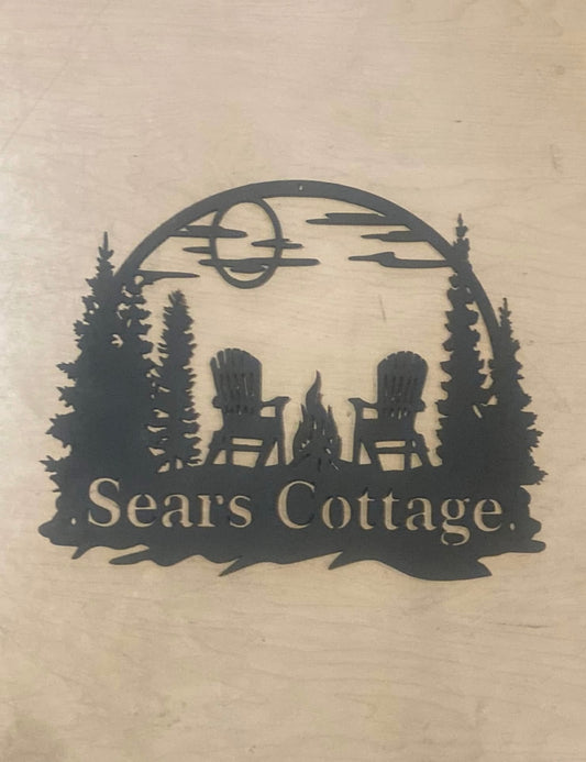Trees Chairs Cottage Metal Sign